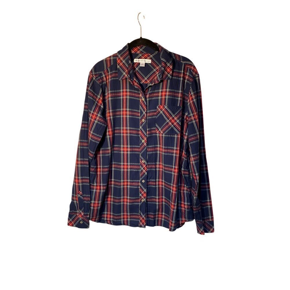 Southern tide women’s plaid, blue and red cotton, long sleeve, blouse, size larg